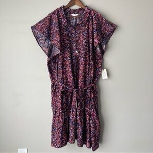 Cotton Floral Print Button-Up Dress With Pockets and Tie Waist
